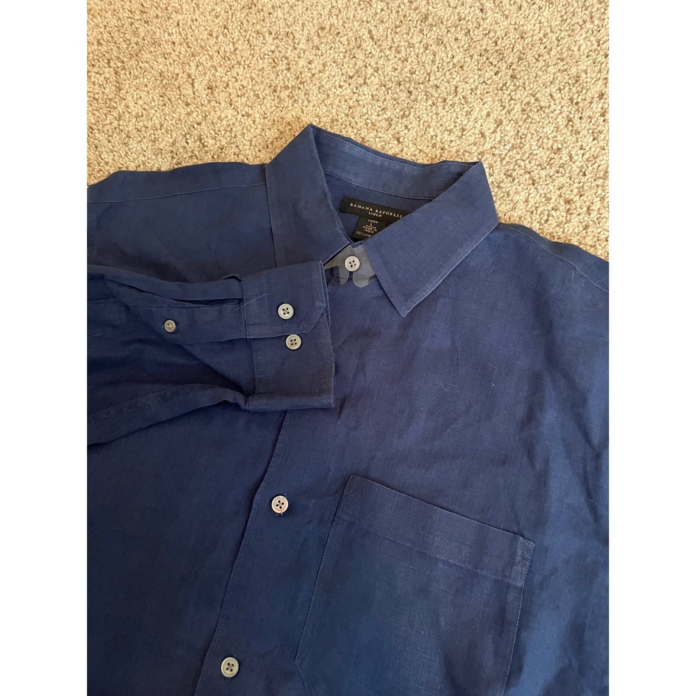 Banana Republic Mens Shirt Large Navy Blue 100% Linen Long Sleeve Button Up